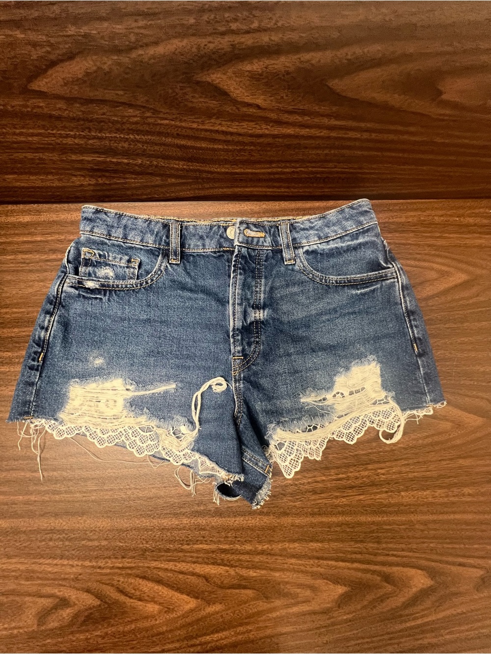 Forever 21 Blue Distressed Denim Shorts with Lace Hem